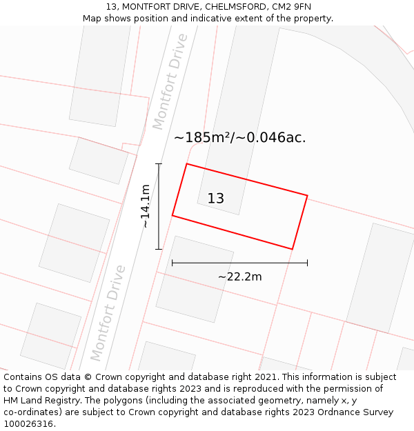 13, MONTFORT DRIVE, CHELMSFORD, CM2 9FN: Plot and title map
