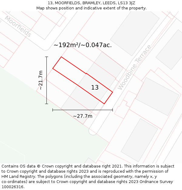 13, MOORFIELDS, BRAMLEY, LEEDS, LS13 3JZ: Plot and title map