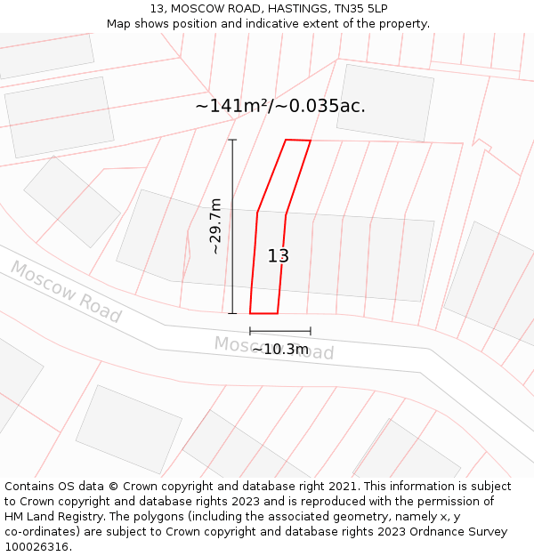 13, MOSCOW ROAD, HASTINGS, TN35 5LP: Plot and title map