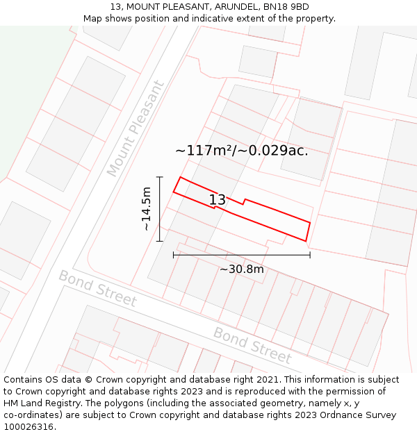 13, MOUNT PLEASANT, ARUNDEL, BN18 9BD: Plot and title map