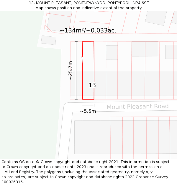13, MOUNT PLEASANT, PONTNEWYNYDD, PONTYPOOL, NP4 6SE: Plot and title map