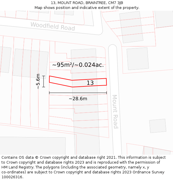 13, MOUNT ROAD, BRAINTREE, CM7 3JB: Plot and title map