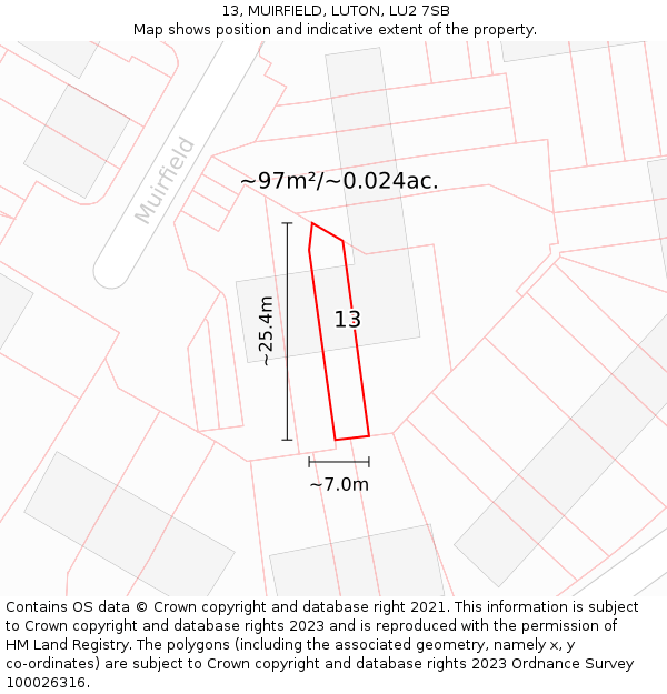 13, MUIRFIELD, LUTON, LU2 7SB: Plot and title map