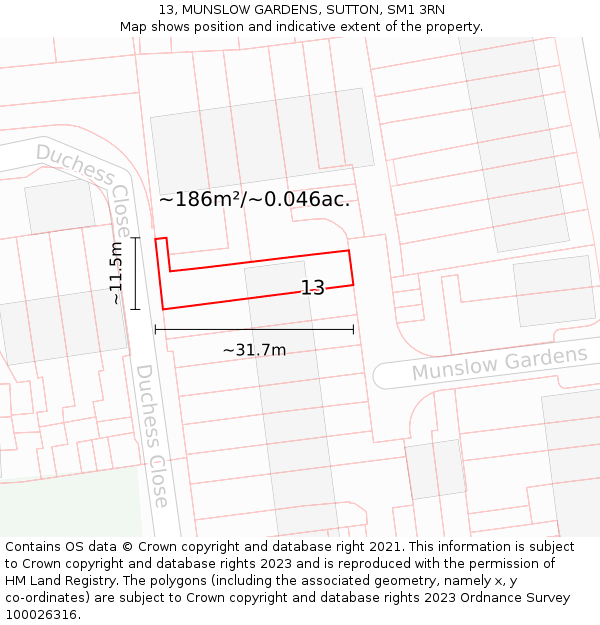 13, MUNSLOW GARDENS, SUTTON, SM1 3RN: Plot and title map