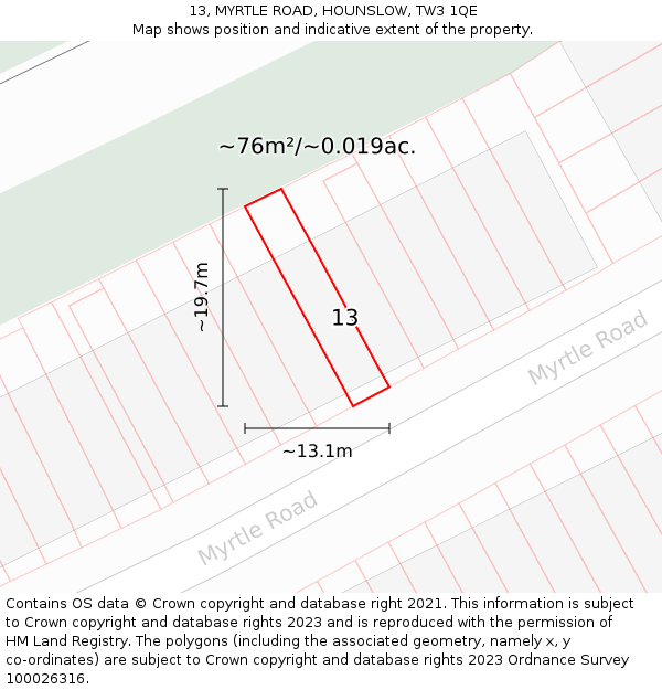 13, MYRTLE ROAD, HOUNSLOW, TW3 1QE: Plot and title map