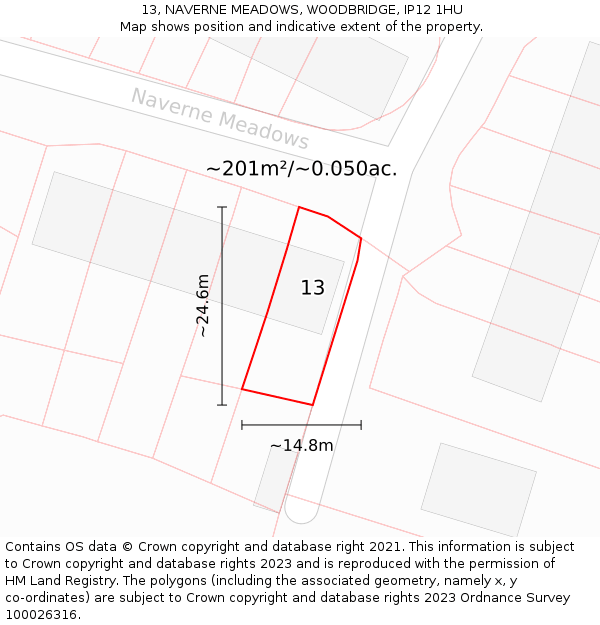 13, NAVERNE MEADOWS, WOODBRIDGE, IP12 1HU: Plot and title map