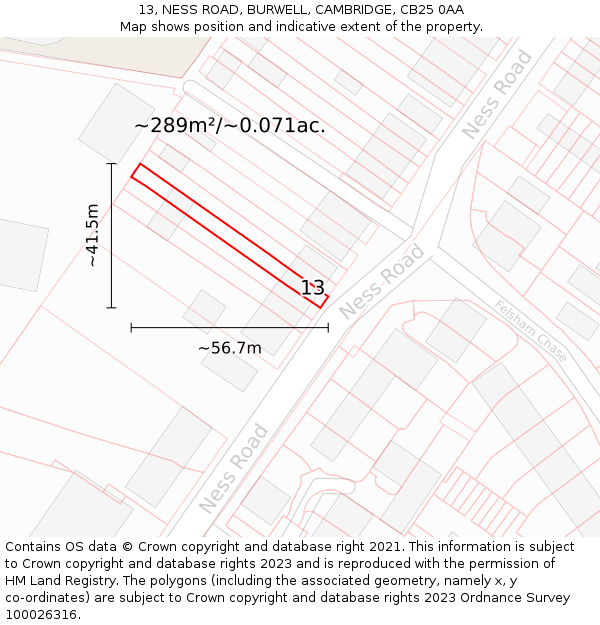 13, NESS ROAD, BURWELL, CAMBRIDGE, CB25 0AA: Plot and title map