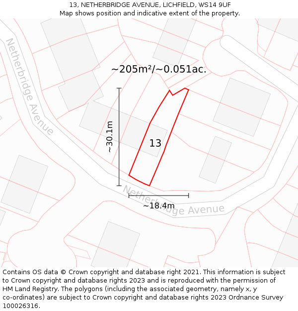 13, NETHERBRIDGE AVENUE, LICHFIELD, WS14 9UF: Plot and title map