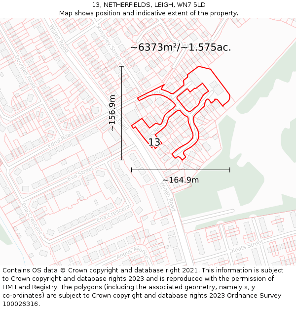 13, NETHERFIELDS, LEIGH, WN7 5LD: Plot and title map