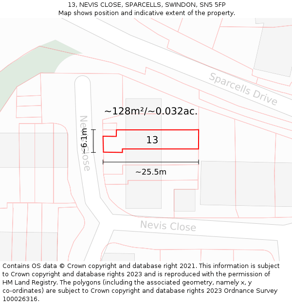 13, NEVIS CLOSE, SPARCELLS, SWINDON, SN5 5FP: Plot and title map