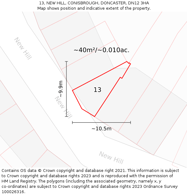 13, NEW HILL, CONISBROUGH, DONCASTER, DN12 3HA: Plot and title map