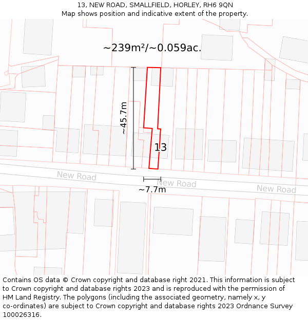 13, NEW ROAD, SMALLFIELD, HORLEY, RH6 9QN: Plot and title map