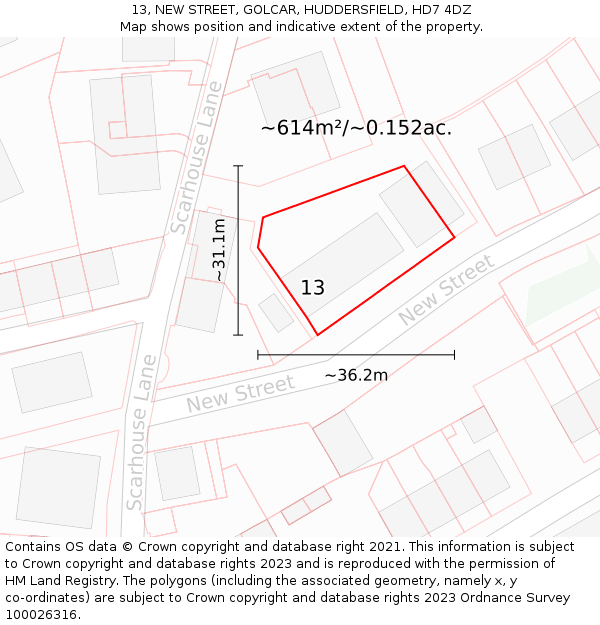 13, NEW STREET, GOLCAR, HUDDERSFIELD, HD7 4DZ: Plot and title map