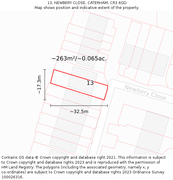 13, NEWBERY CLOSE, CATERHAM, CR3 6GD: Plot and title map