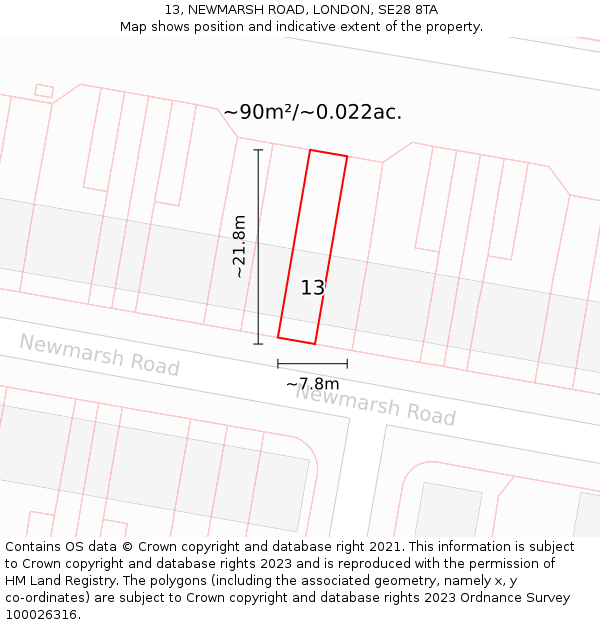 13, NEWMARSH ROAD, LONDON, SE28 8TA: Plot and title map