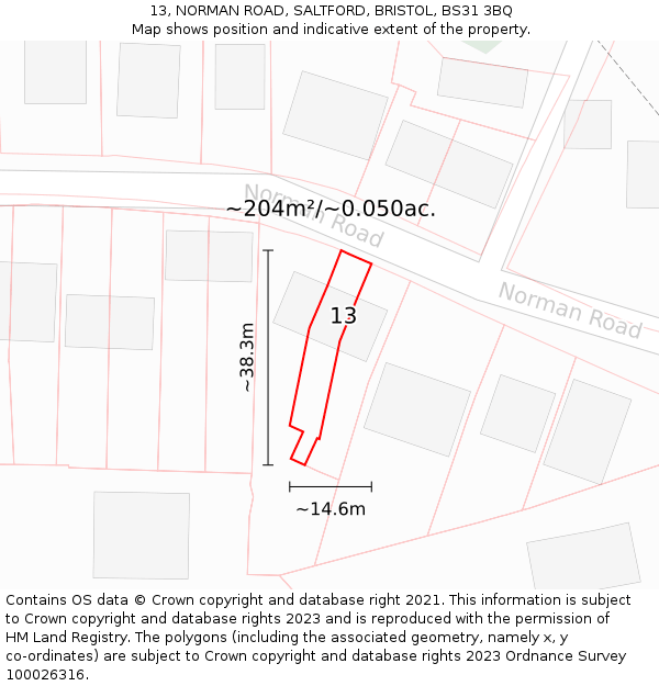 13, NORMAN ROAD, SALTFORD, BRISTOL, BS31 3BQ: Plot and title map