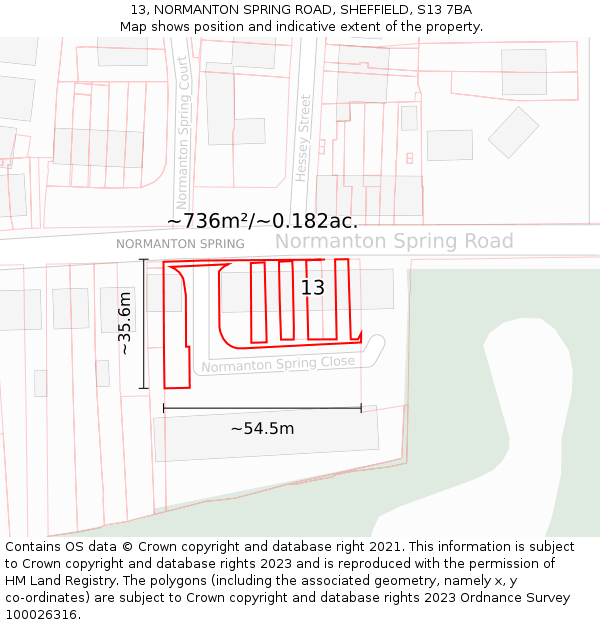 13, NORMANTON SPRING ROAD, SHEFFIELD, S13 7BA: Plot and title map