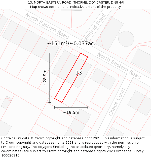13, NORTH EASTERN ROAD, THORNE, DONCASTER, DN8 4AJ: Plot and title map