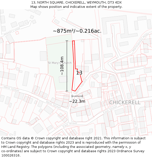 13, NORTH SQUARE, CHICKERELL, WEYMOUTH, DT3 4DX: Plot and title map