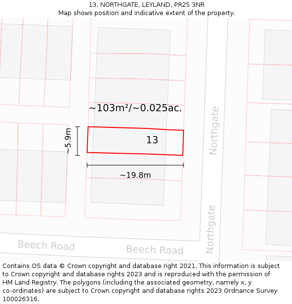 13, NORTHGATE, LEYLAND, PR25 3NR: Plot and title map