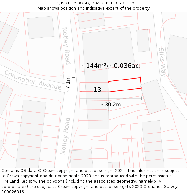 13, NOTLEY ROAD, BRAINTREE, CM7 1HA: Plot and title map