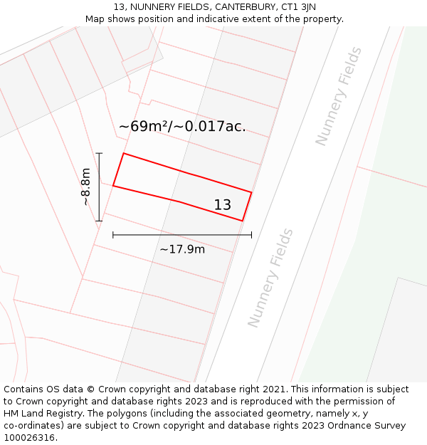13, NUNNERY FIELDS, CANTERBURY, CT1 3JN: Plot and title map