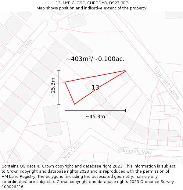 13, NYE CLOSE, CHEDDAR, BS27 3PB: Plot and title map