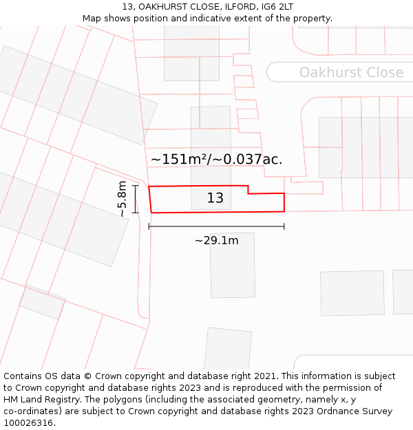 13, OAKHURST CLOSE, ILFORD, IG6 2LT: Plot and title map