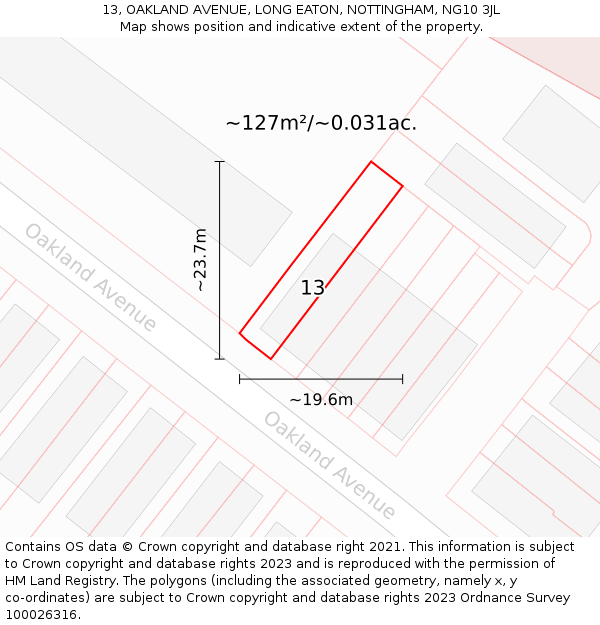 13, OAKLAND AVENUE, LONG EATON, NOTTINGHAM, NG10 3JL: Plot and title map
