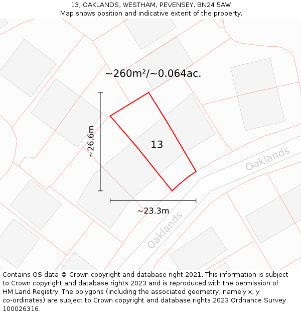 13, OAKLANDS, WESTHAM, PEVENSEY, BN24 5AW: Plot and title map