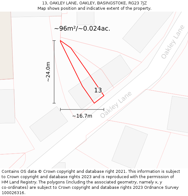 13, OAKLEY LANE, OAKLEY, BASINGSTOKE, RG23 7JZ: Plot and title map