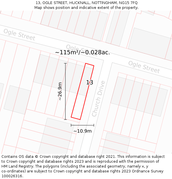 13, OGLE STREET, HUCKNALL, NOTTINGHAM, NG15 7FQ: Plot and title map