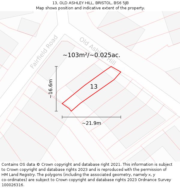 13, OLD ASHLEY HILL, BRISTOL, BS6 5JB: Plot and title map