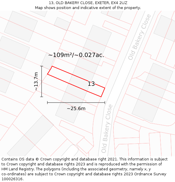 13, OLD BAKERY CLOSE, EXETER, EX4 2UZ: Plot and title map