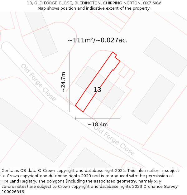 13, OLD FORGE CLOSE, BLEDINGTON, CHIPPING NORTON, OX7 6XW: Plot and title map