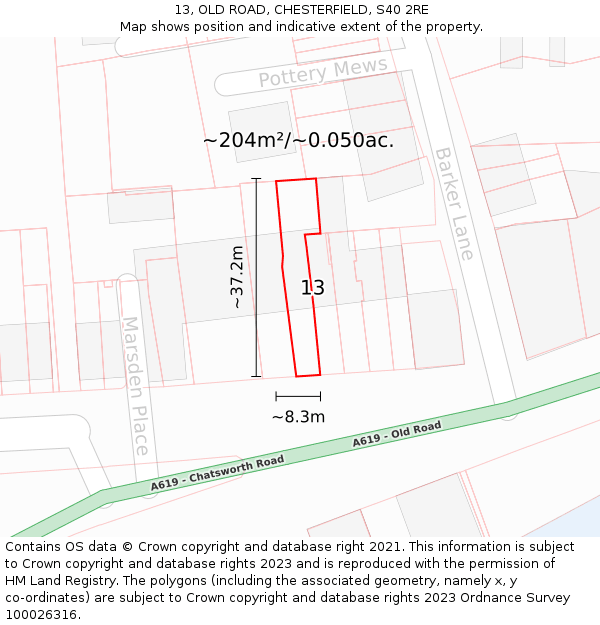 13, OLD ROAD, CHESTERFIELD, S40 2RE: Plot and title map