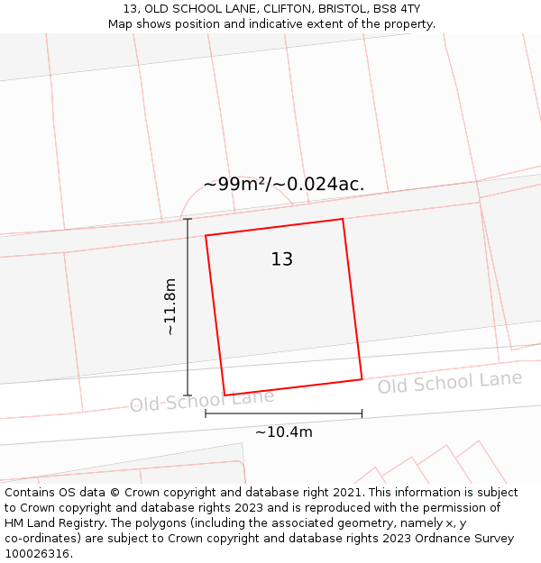 13, OLD SCHOOL LANE, CLIFTON, BRISTOL, BS8 4TY: Plot and title map