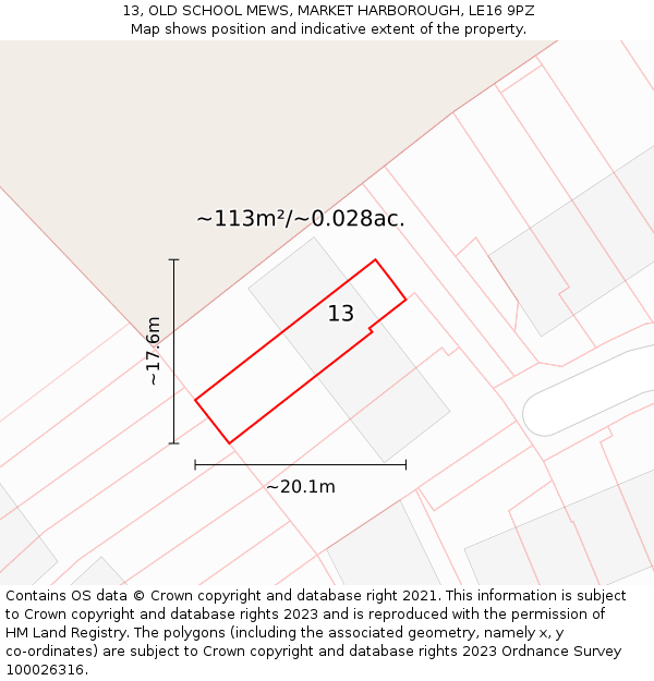 13, OLD SCHOOL MEWS, MARKET HARBOROUGH, LE16 9PZ: Plot and title map
