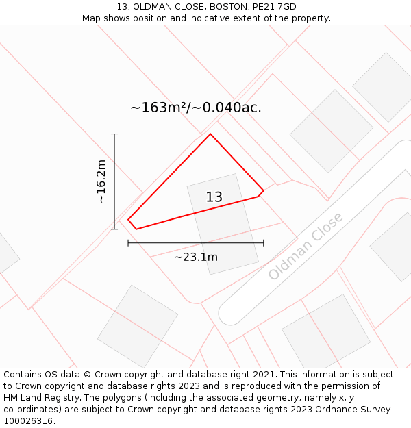 13, OLDMAN CLOSE, BOSTON, PE21 7GD: Plot and title map