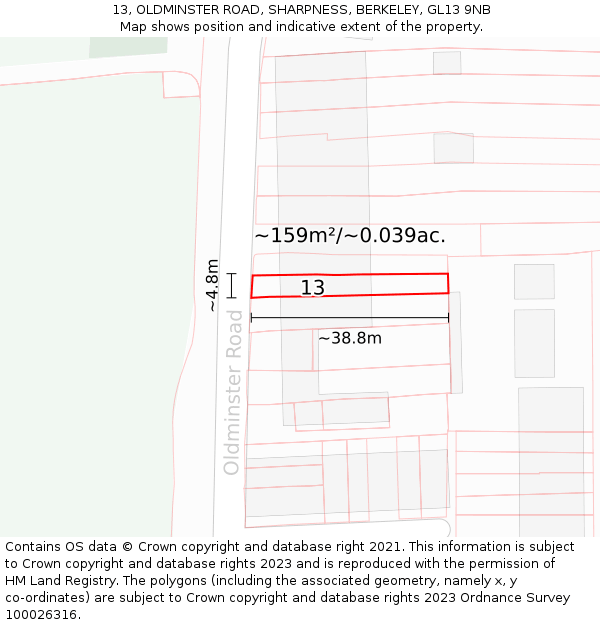 13, OLDMINSTER ROAD, SHARPNESS, BERKELEY, GL13 9NB: Plot and title map