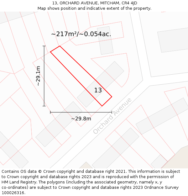 13, ORCHARD AVENUE, MITCHAM, CR4 4JD: Plot and title map