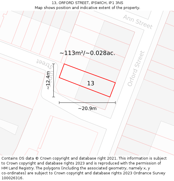 13, ORFORD STREET, IPSWICH, IP1 3NS: Plot and title map