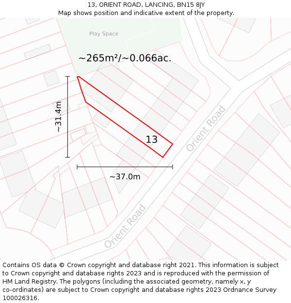 13, ORIENT ROAD, LANCING, BN15 8JY: Plot and title map