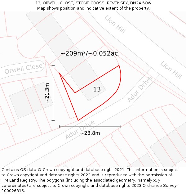 13, ORWELL CLOSE, STONE CROSS, PEVENSEY, BN24 5QW: Plot and title map