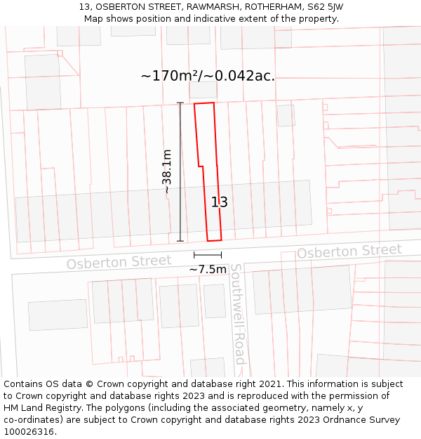 13, OSBERTON STREET, RAWMARSH, ROTHERHAM, S62 5JW: Plot and title map