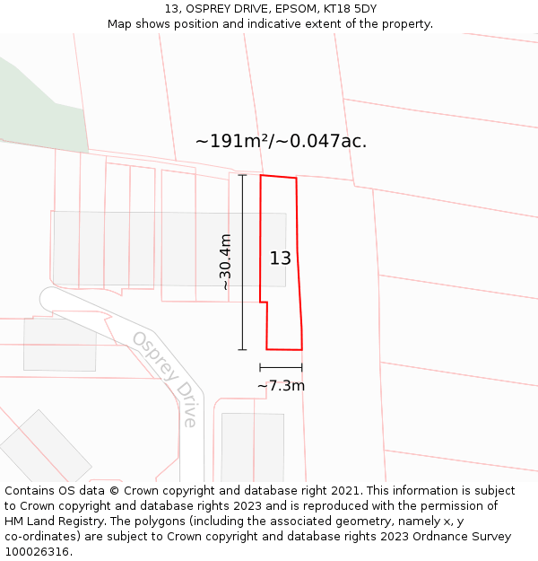 13, OSPREY DRIVE, EPSOM, KT18 5DY: Plot and title map