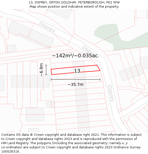 13, OSPREY, ORTON GOLDHAY, PETERBOROUGH, PE2 5FW: Plot and title map