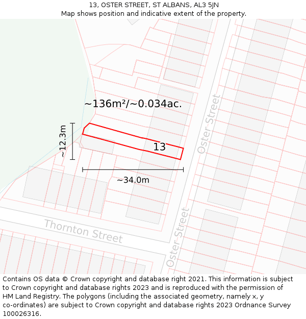 13, OSTER STREET, ST ALBANS, AL3 5JN: Plot and title map
