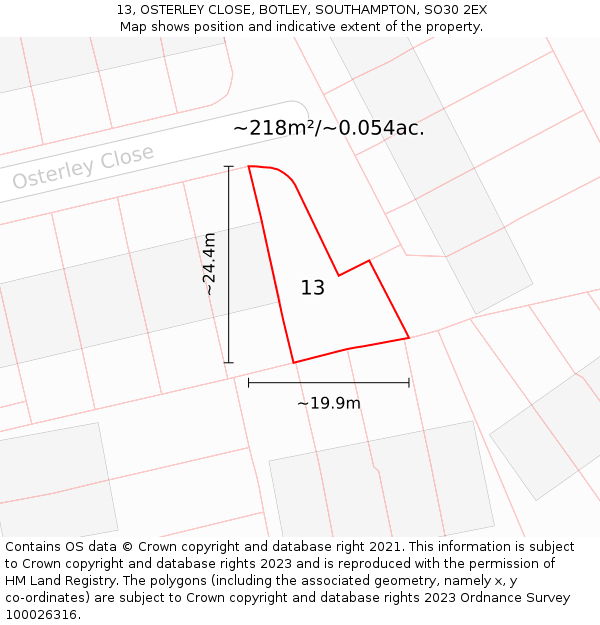 13, OSTERLEY CLOSE, BOTLEY, SOUTHAMPTON, SO30 2EX: Plot and title map