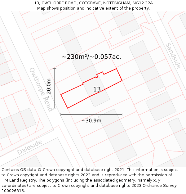 13, OWTHORPE ROAD, COTGRAVE, NOTTINGHAM, NG12 3PA: Plot and title map